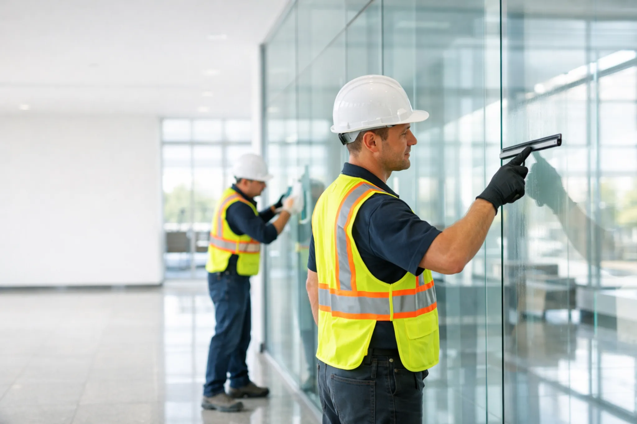 Technician cleaning interior glass partitions in a modern office