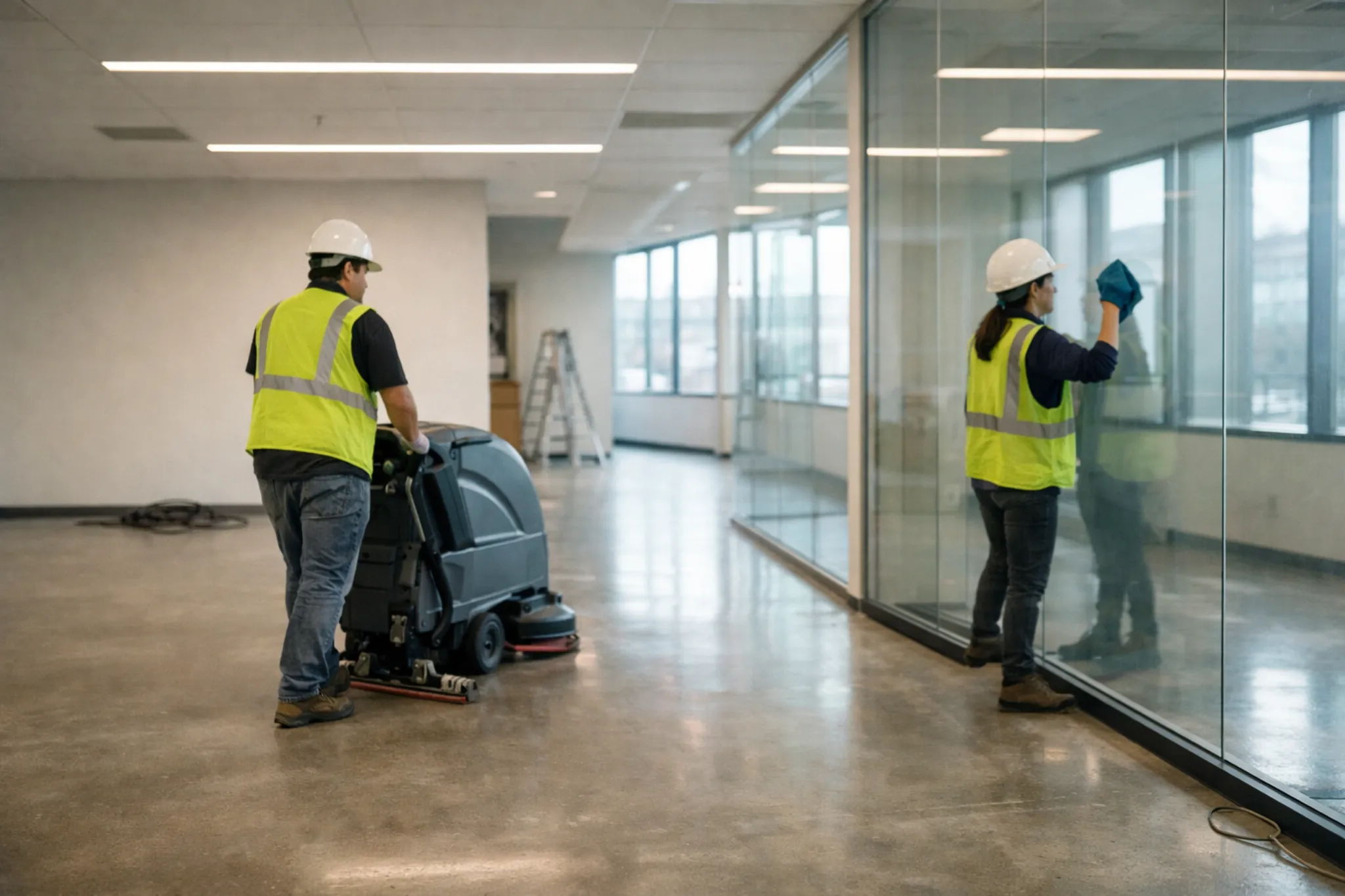 Crew performing a final construction clean in a commercial office with a floor scrubber