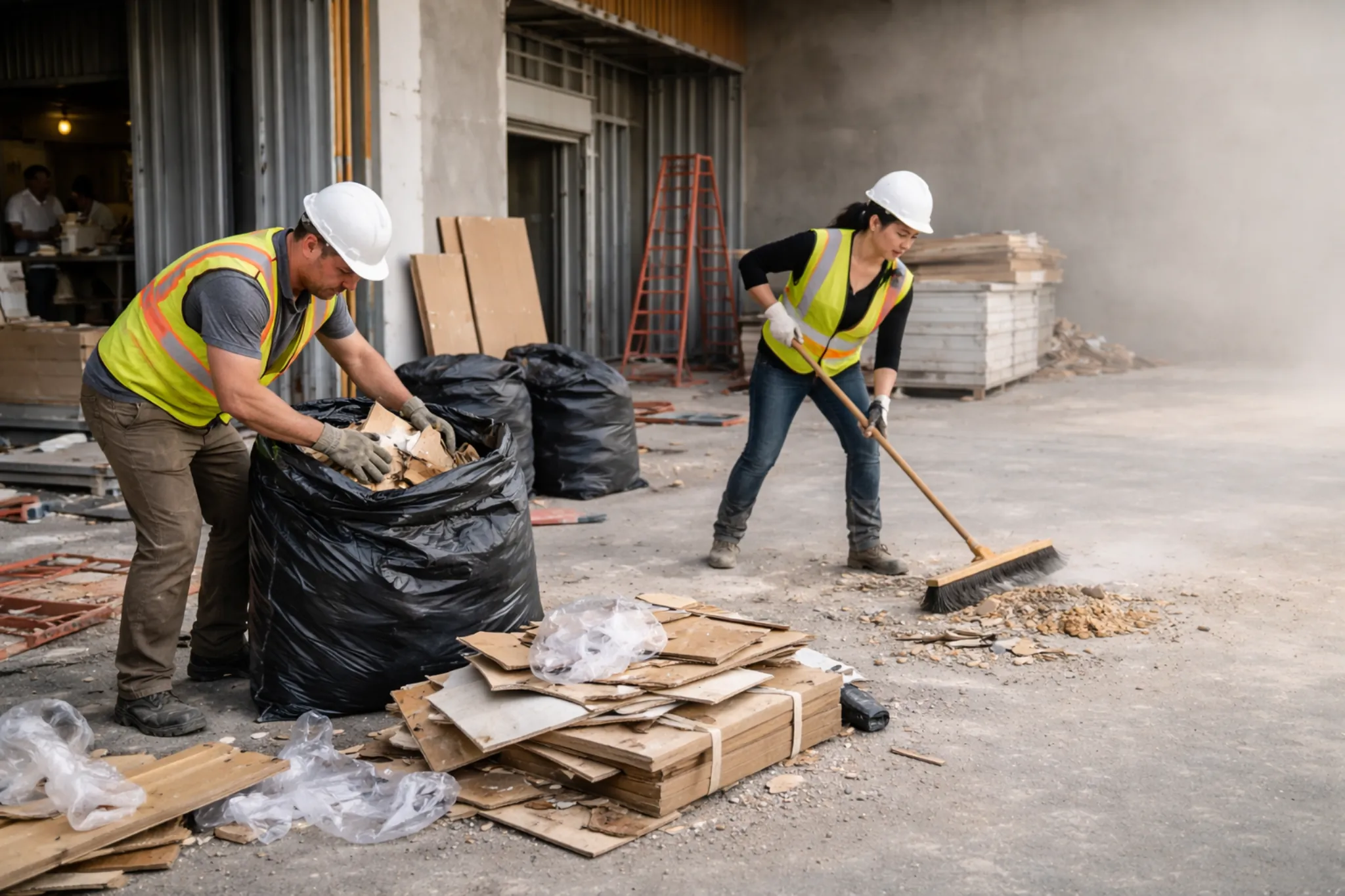 Crew bagging construction debris and sweeping during a mid-project progress clean