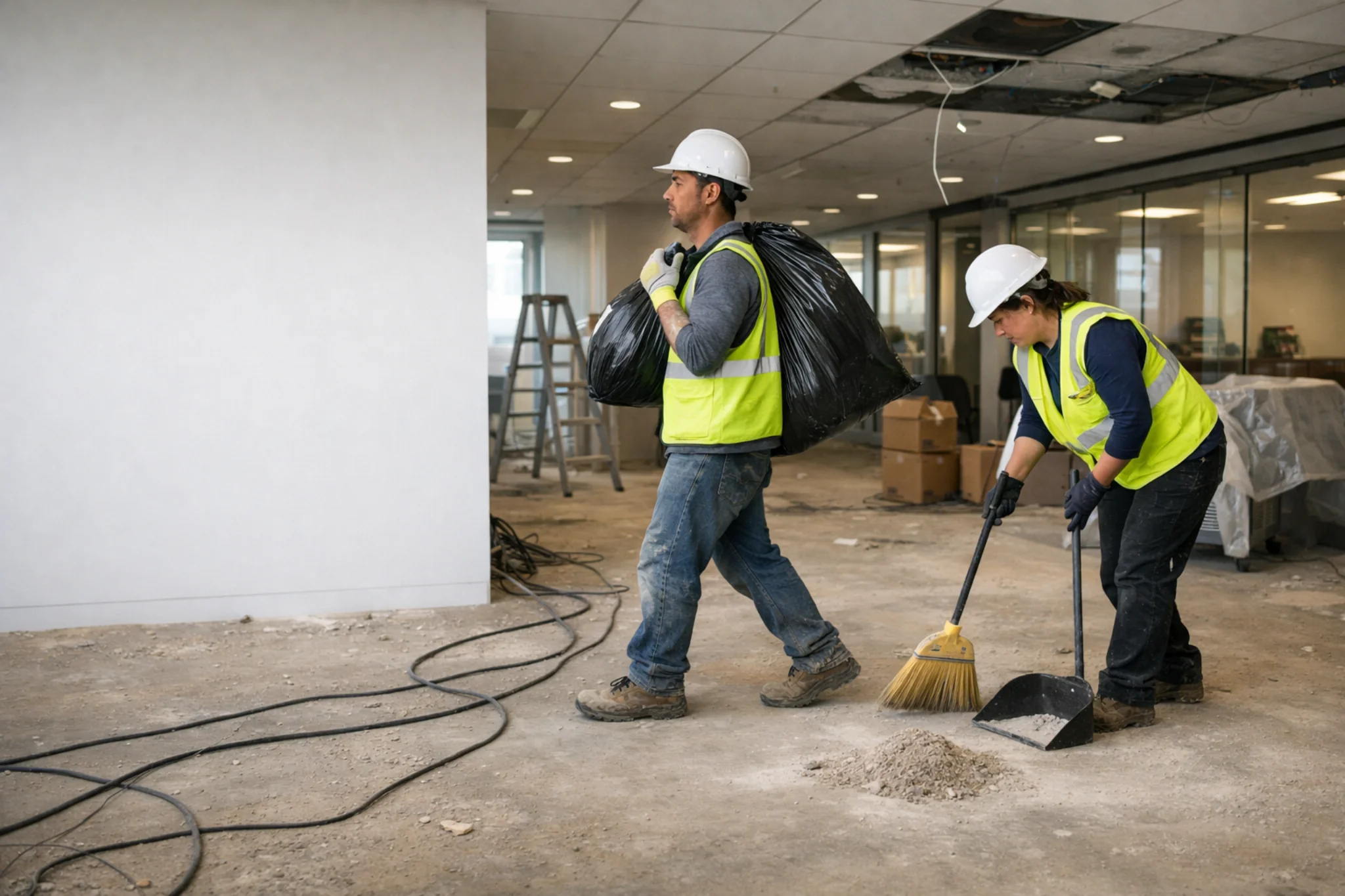 Workers removing bagged debris and sweeping during post-trade cleanup