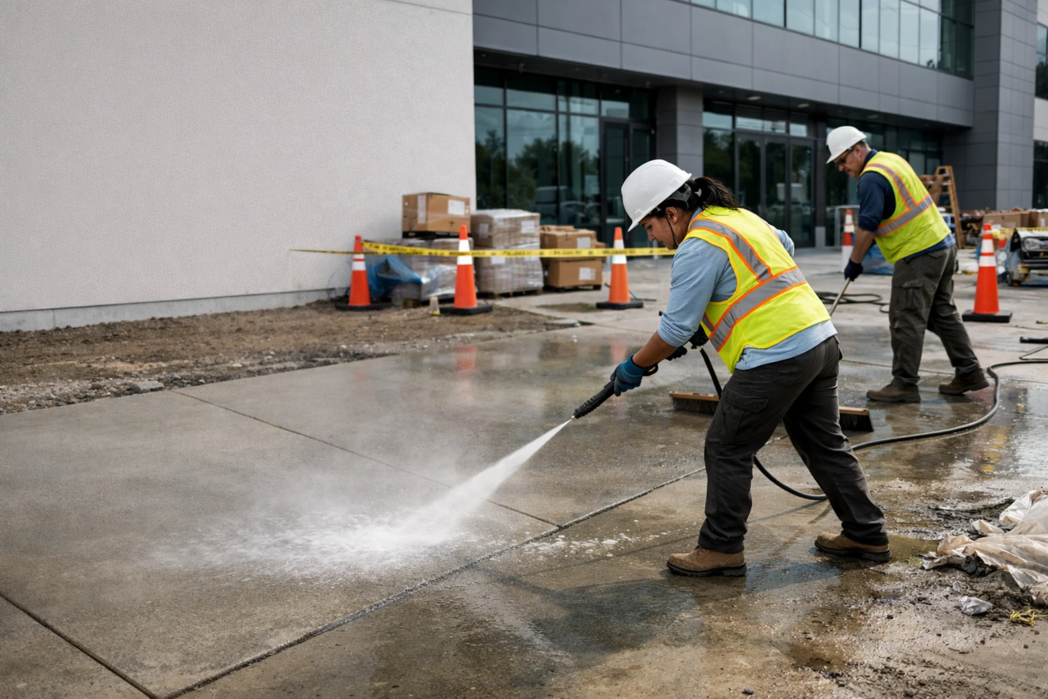 Crew power washing concrete flatwork outside a commercial building