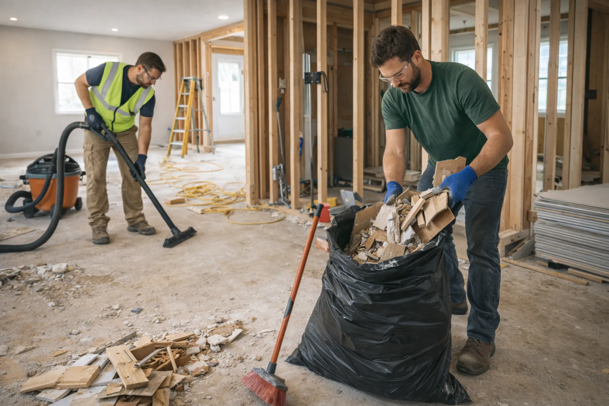 Crew bagging construction debris and sweeping during a progress clean